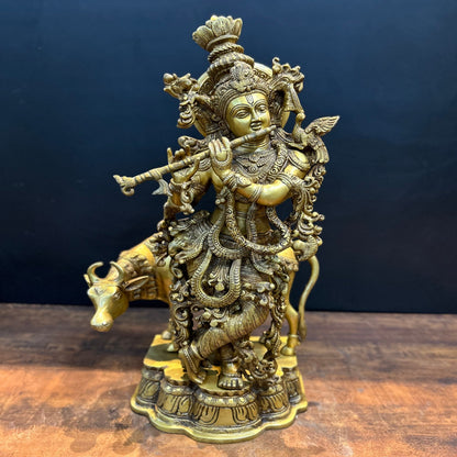 Brass Krishna Idol With Cow Antique Finish 26 Inches by vendor-unknown - Hindu Gods (View 4)