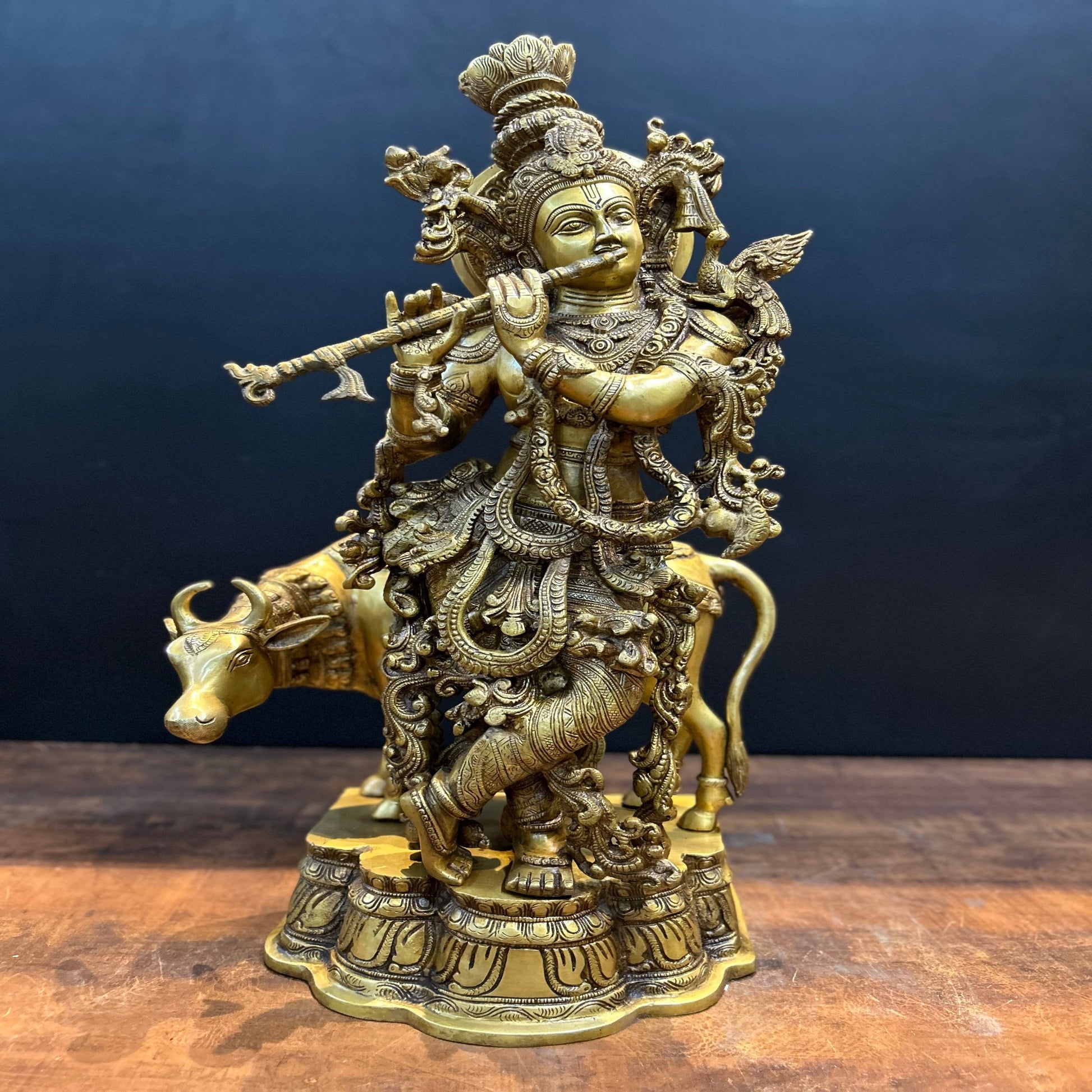Brass Krishna Idol With Cow Antique Finish 26 Inches - Image 5