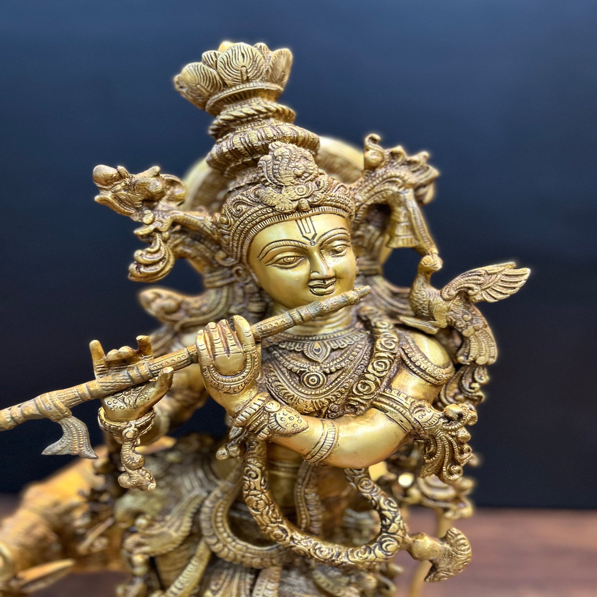 Brass Krishna Idol With Cow Antique Finish 26 Inches - Image 2