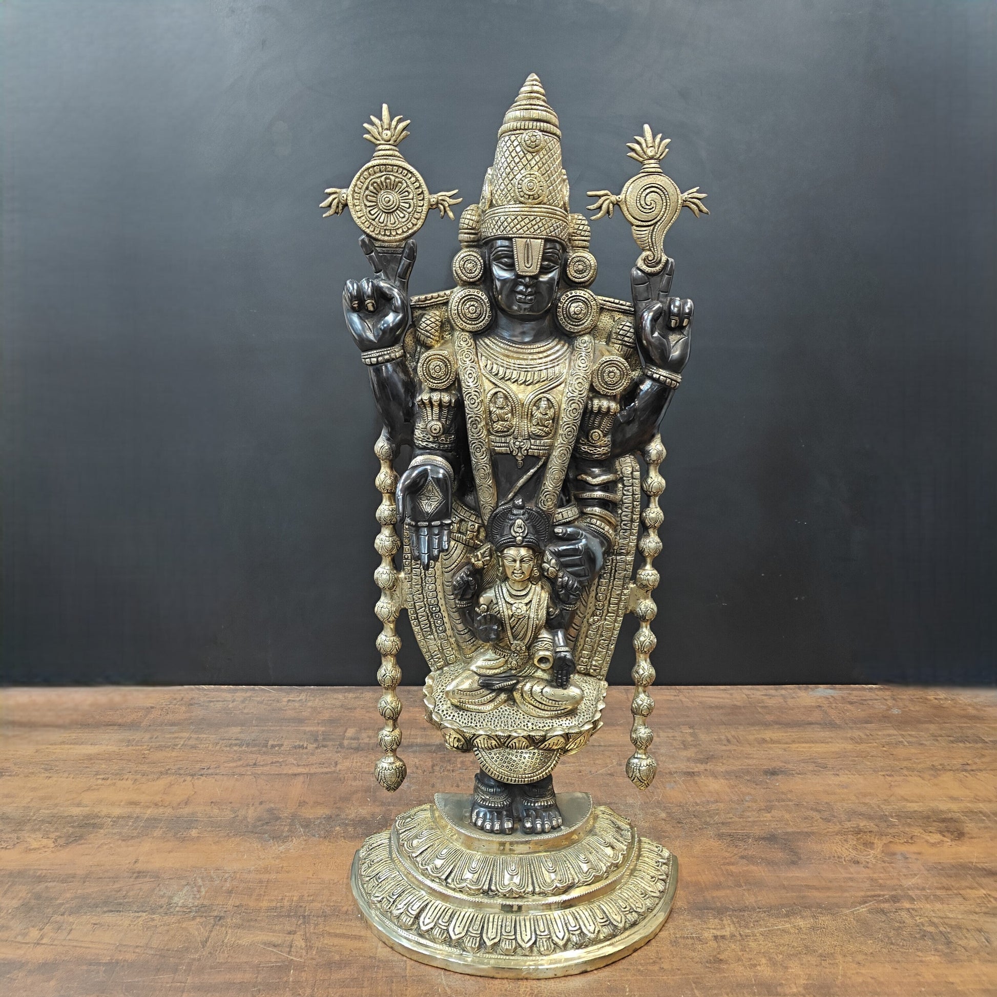 Brass Lord Tirupati Balaji Statue with Goddess Padmavathi Engraved 3 Feet - Image 4