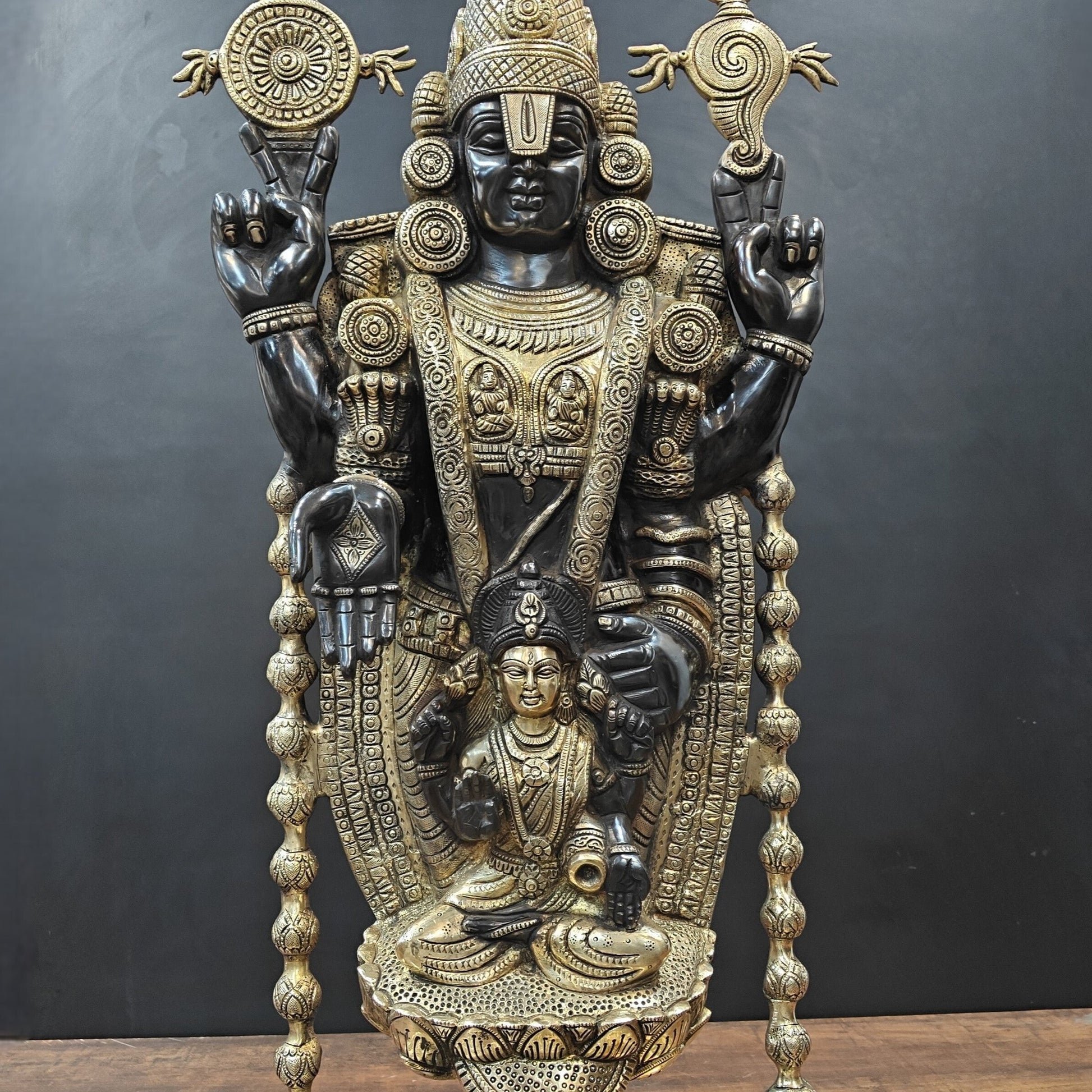 Brass Lord Tirupati Balaji Statue with Goddess Padmavathi Engraved 3 Feet - Image 2