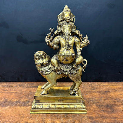 Brass Panchmukhi Ganesha Idol Seated On Lion Heramba Statue 22.5 Inch by vendor-unknown - Hindu Gods (View 3)