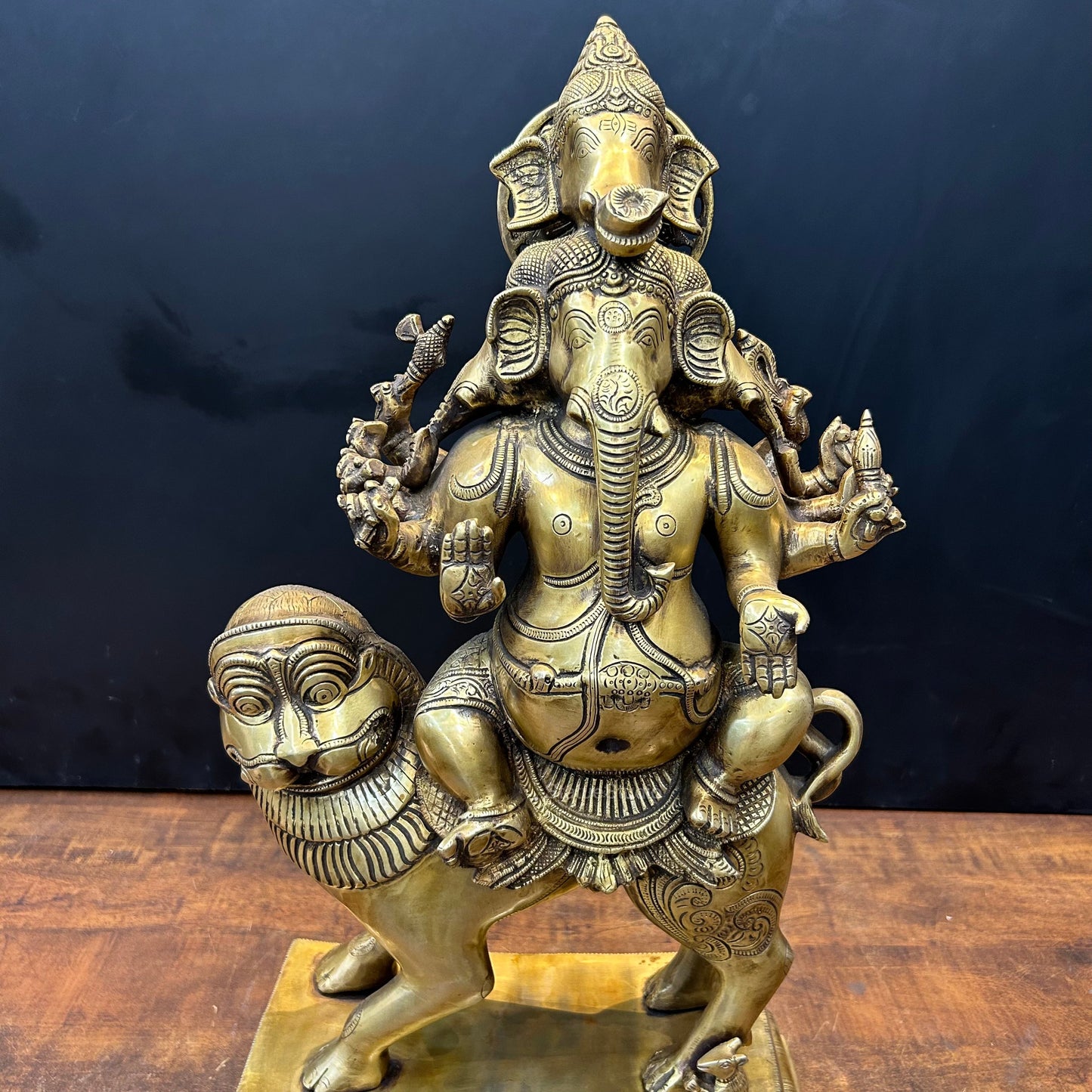 Brass Panchmukhi Ganesha Idol Seated On Lion Heramba Statue 22.5 Inch