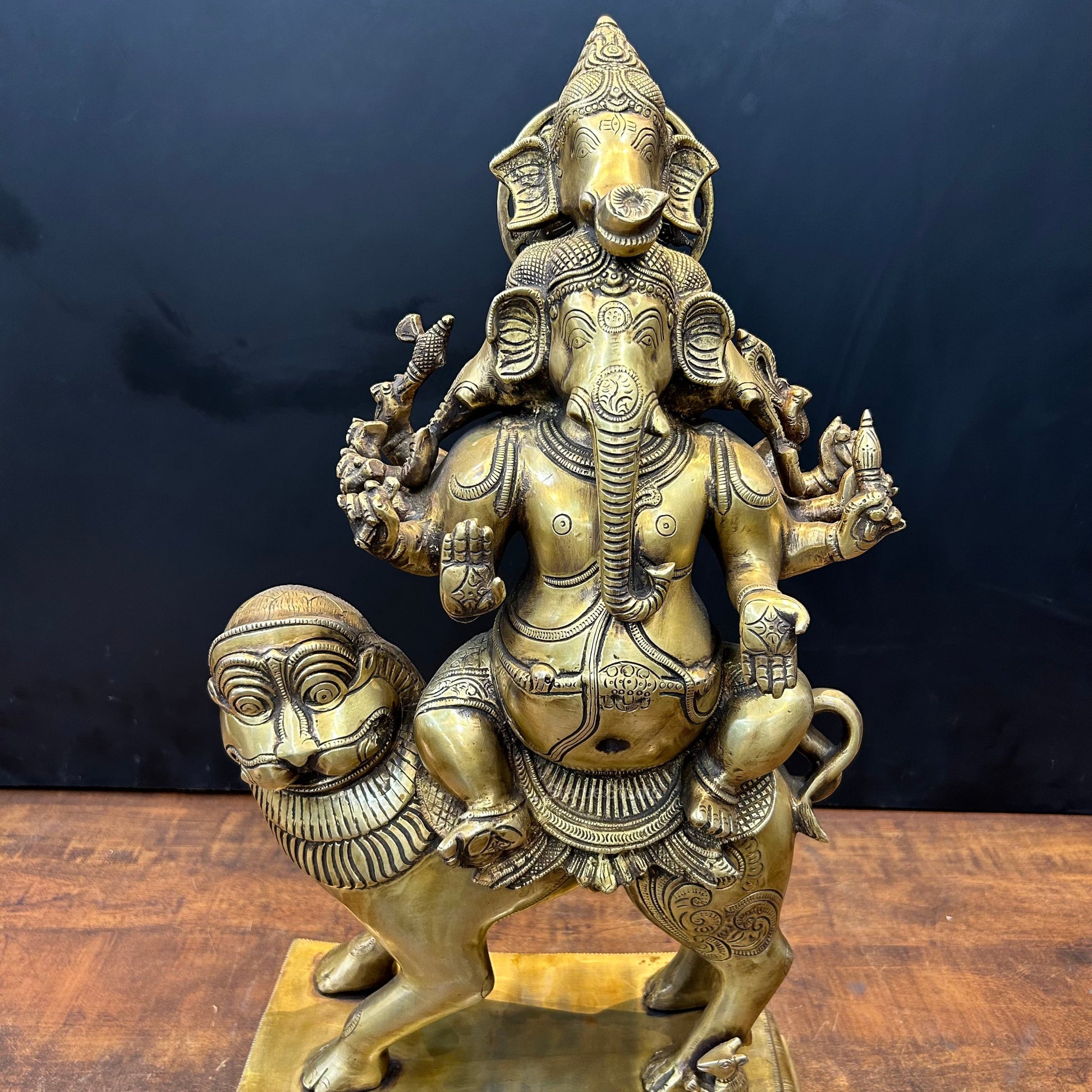Brass Panchmukhi Ganesha Idol Seated On Lion Heramba Statue 22.5 Inch - Image 2