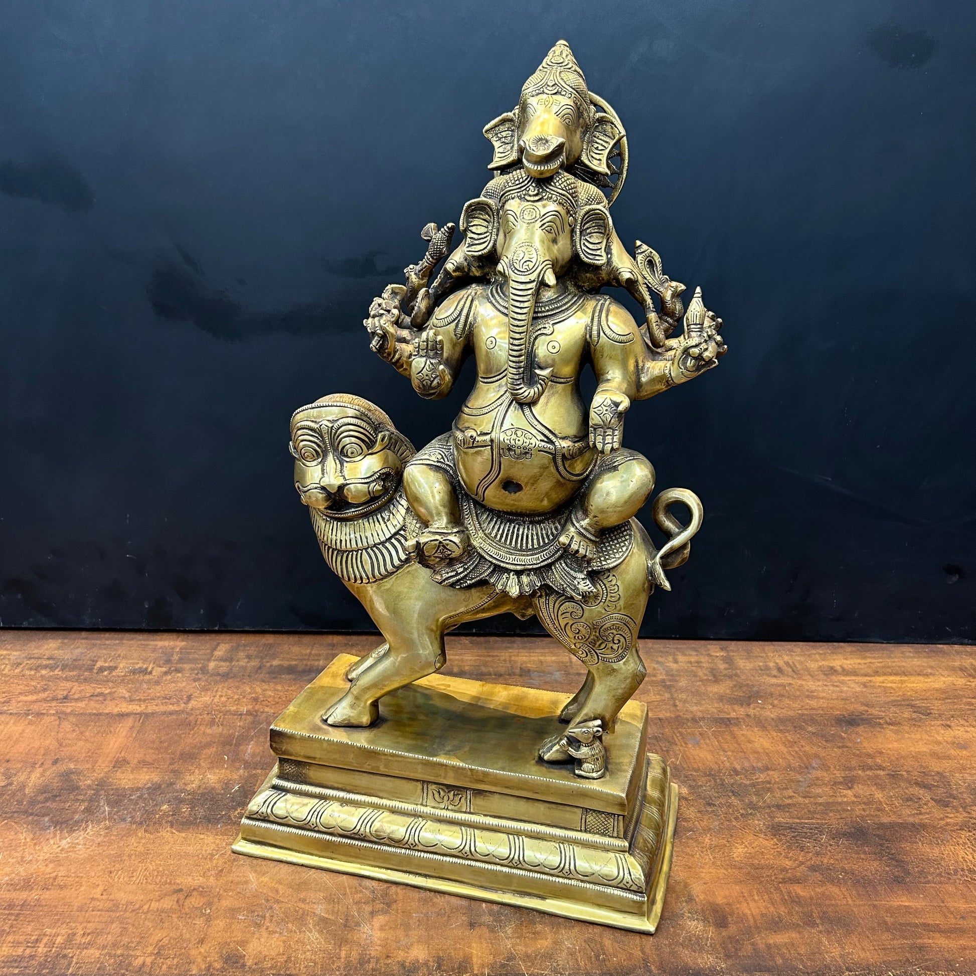 Brass Panchmukhi Ganesha Idol Seated On Lion Heramba Statue 22.5 Inch - Image 6
