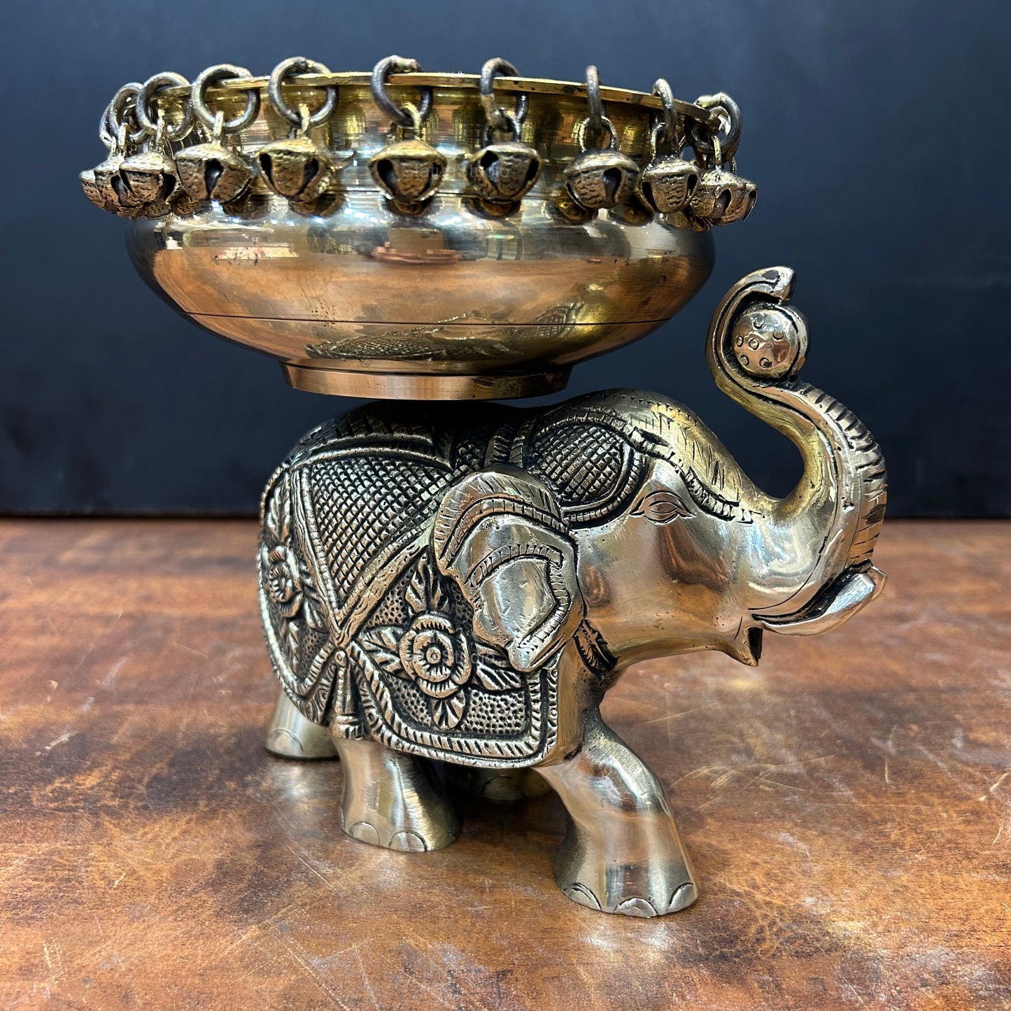 Engraved Elephant Brass Urli With Ghungroo 7 Inch