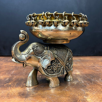 Engraved Elephant Brass Urli With Ghungroo 7 Inch by vendor-unknown - Decor (View 5)