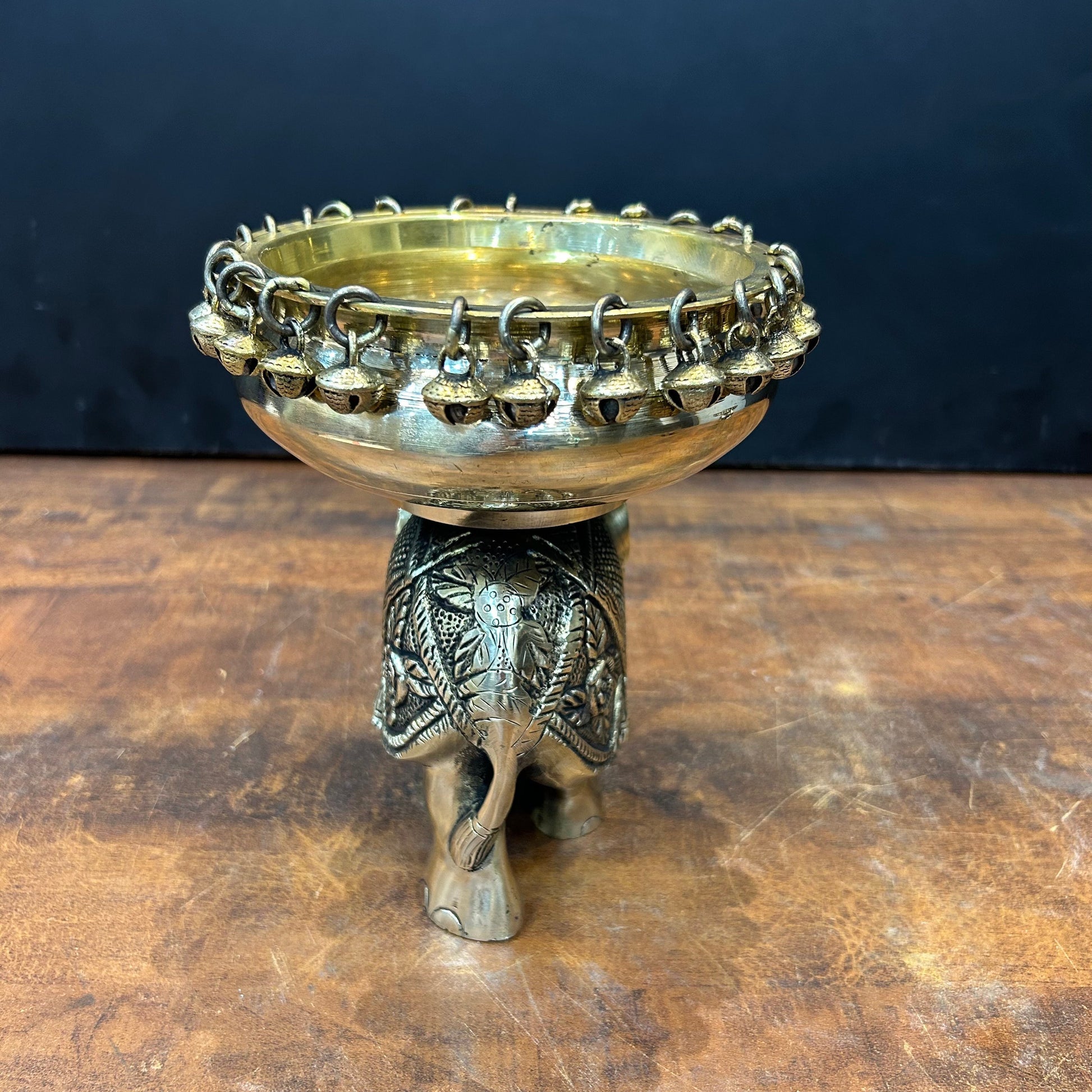 Engraved Elephant Brass Urli With Ghungroo 7 Inch - Image 6