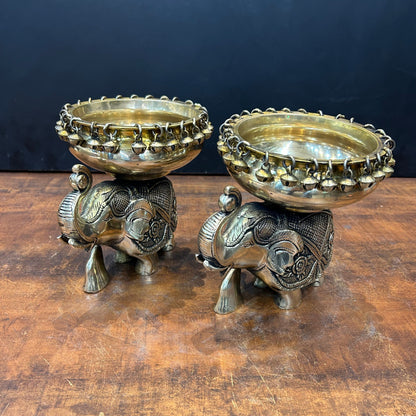 Engraved Elephant Brass Urli Pair With Ghungroo 7 Inch by vendor-unknown - Decor (View 2)