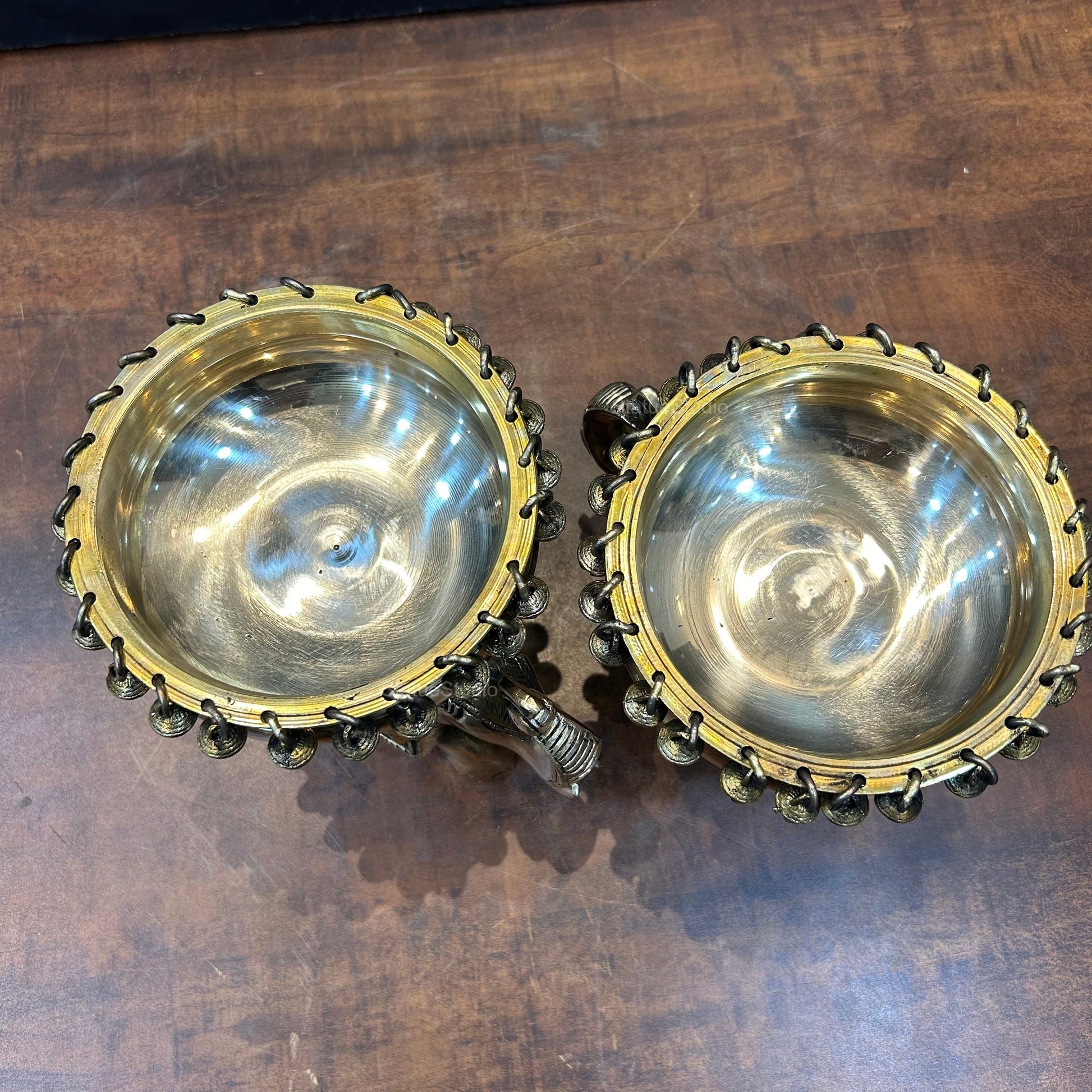 Engraved Elephant Brass Urli Pair With Ghungroo 7 Inch - Image 5