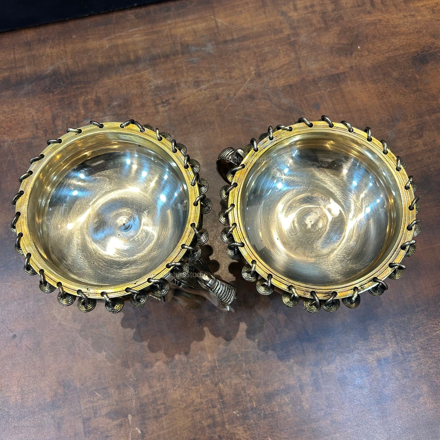 Engraved Elephant Brass Urli Pair With Ghungroo 7 Inch