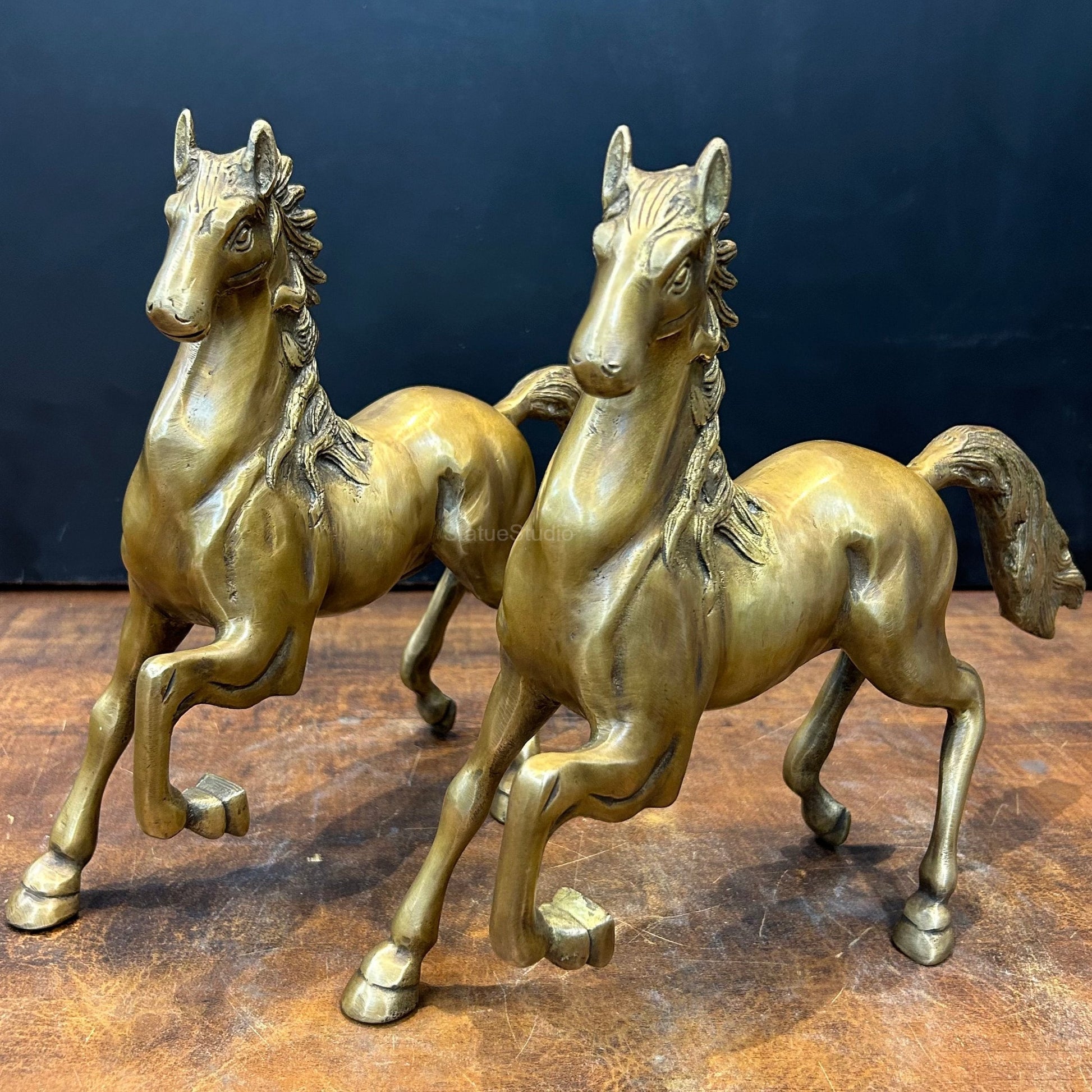 Brass Running Horse Pair Statue with One Leg Raised 10 Inch - Image 2