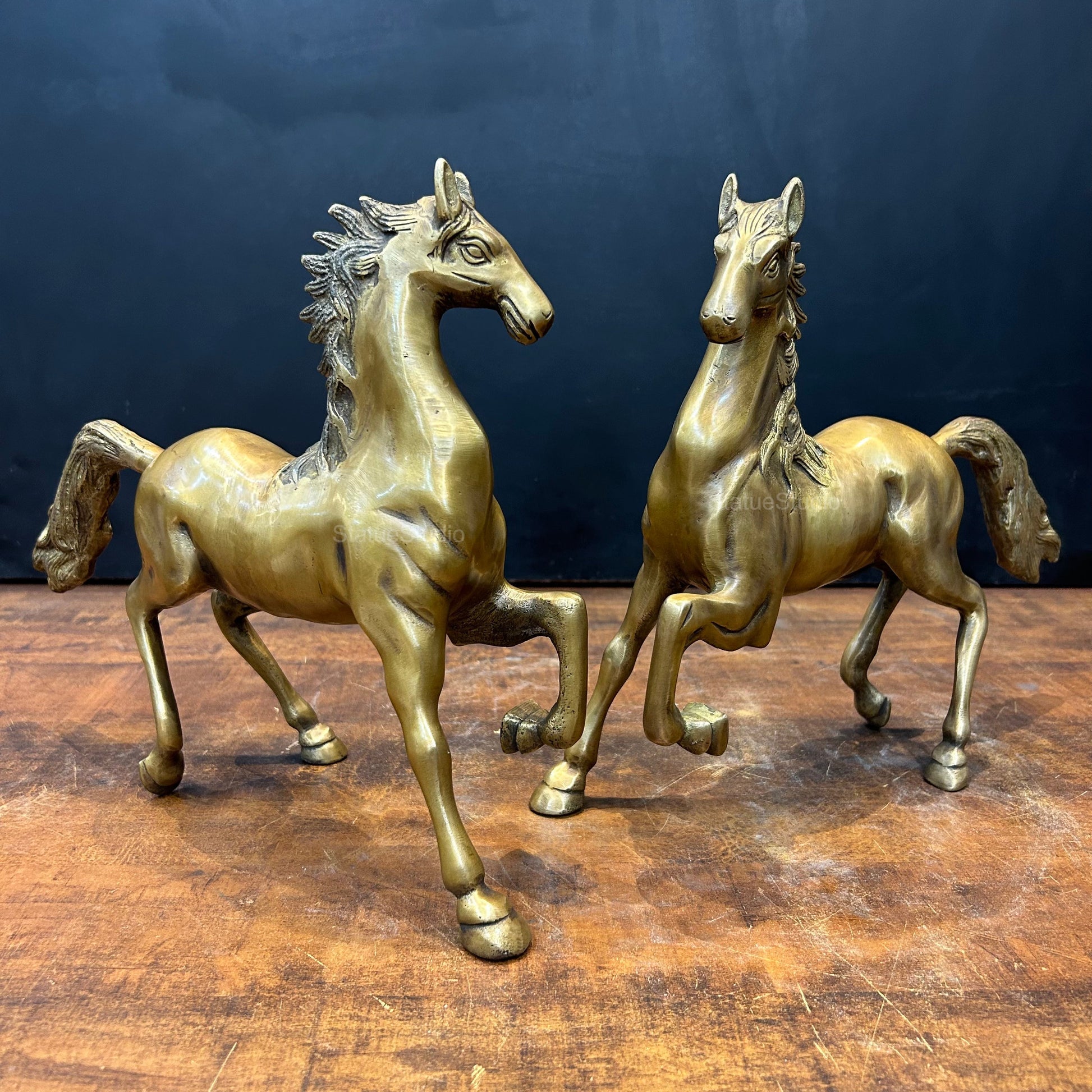 Brass Running Horse Pair Statue with One Leg Raised 10 Inch - Image 3