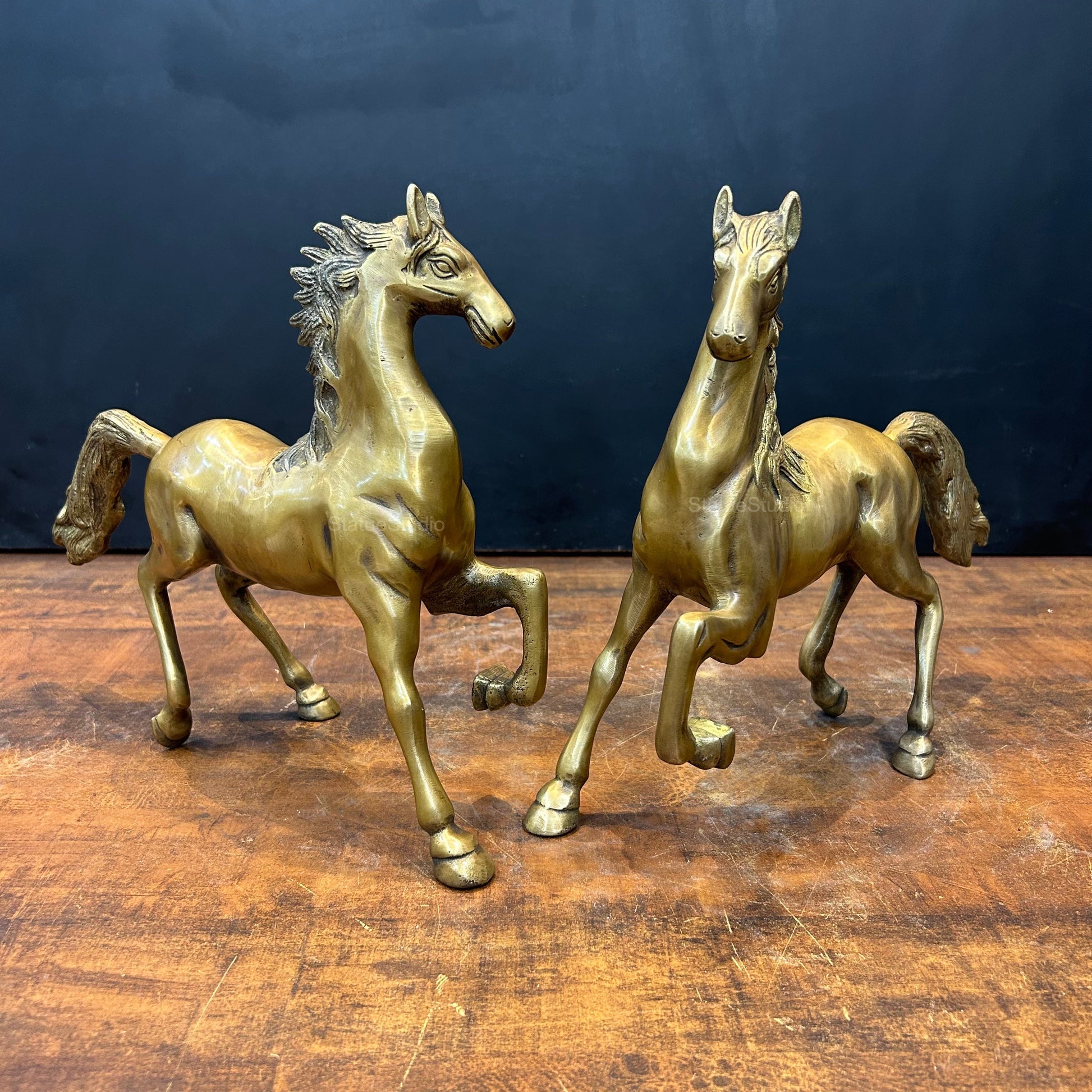 Brass Running Horse Pair Statue with One Leg Raised 10 Inch - Image 4