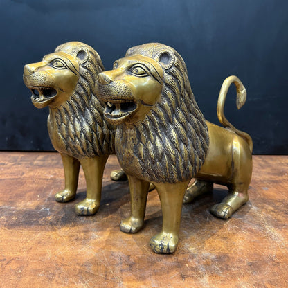 Brass Lion Pair Sculpture Antique Finish 12 Inch by vendor-unknown - Decor (View 3)