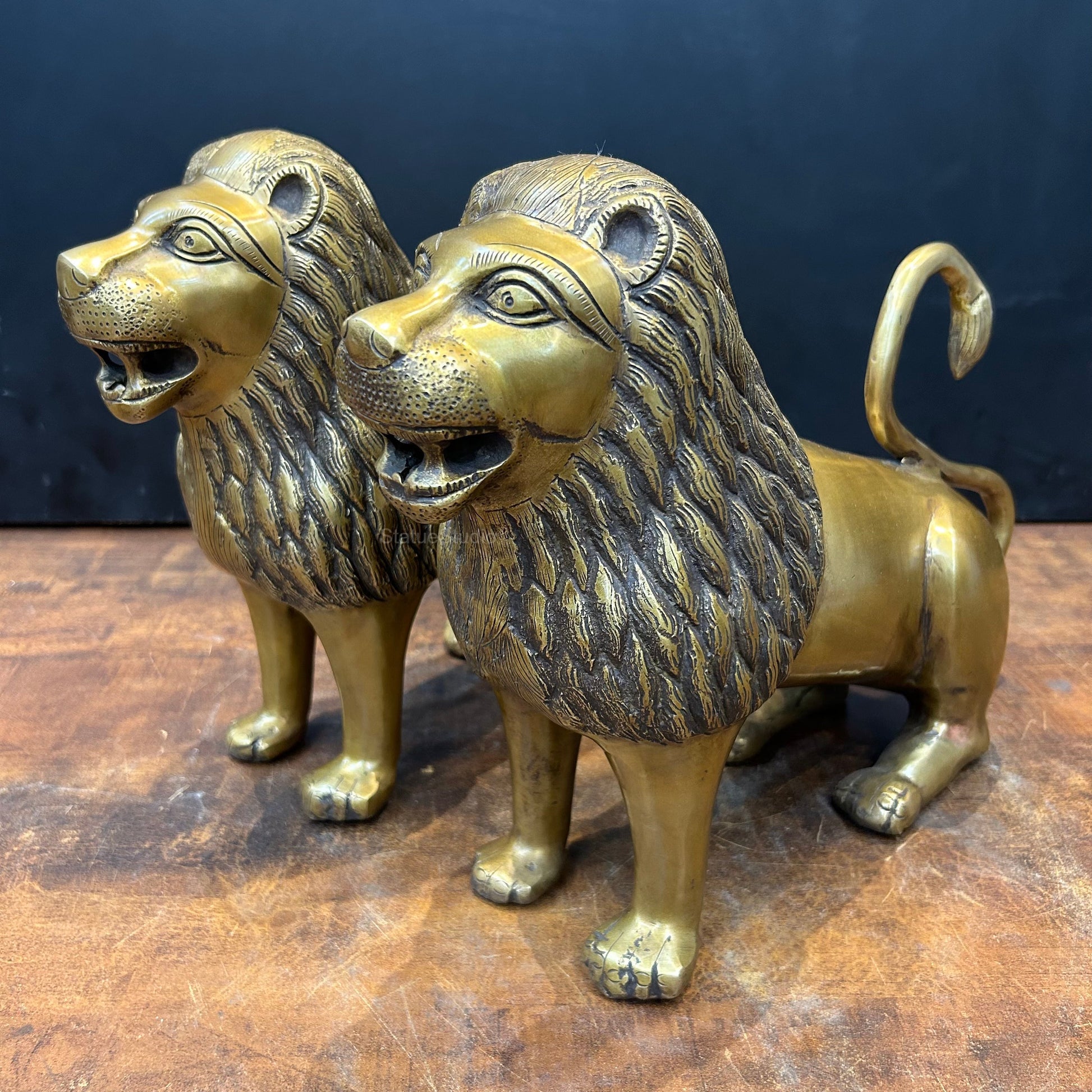 Brass Lion Pair Sculpture Antique Finish 12 Inch - Image 2