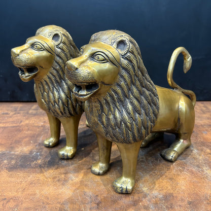 Brass Lion Pair Sculpture Antique Finish 12 Inch by vendor-unknown - Decor (View 2)