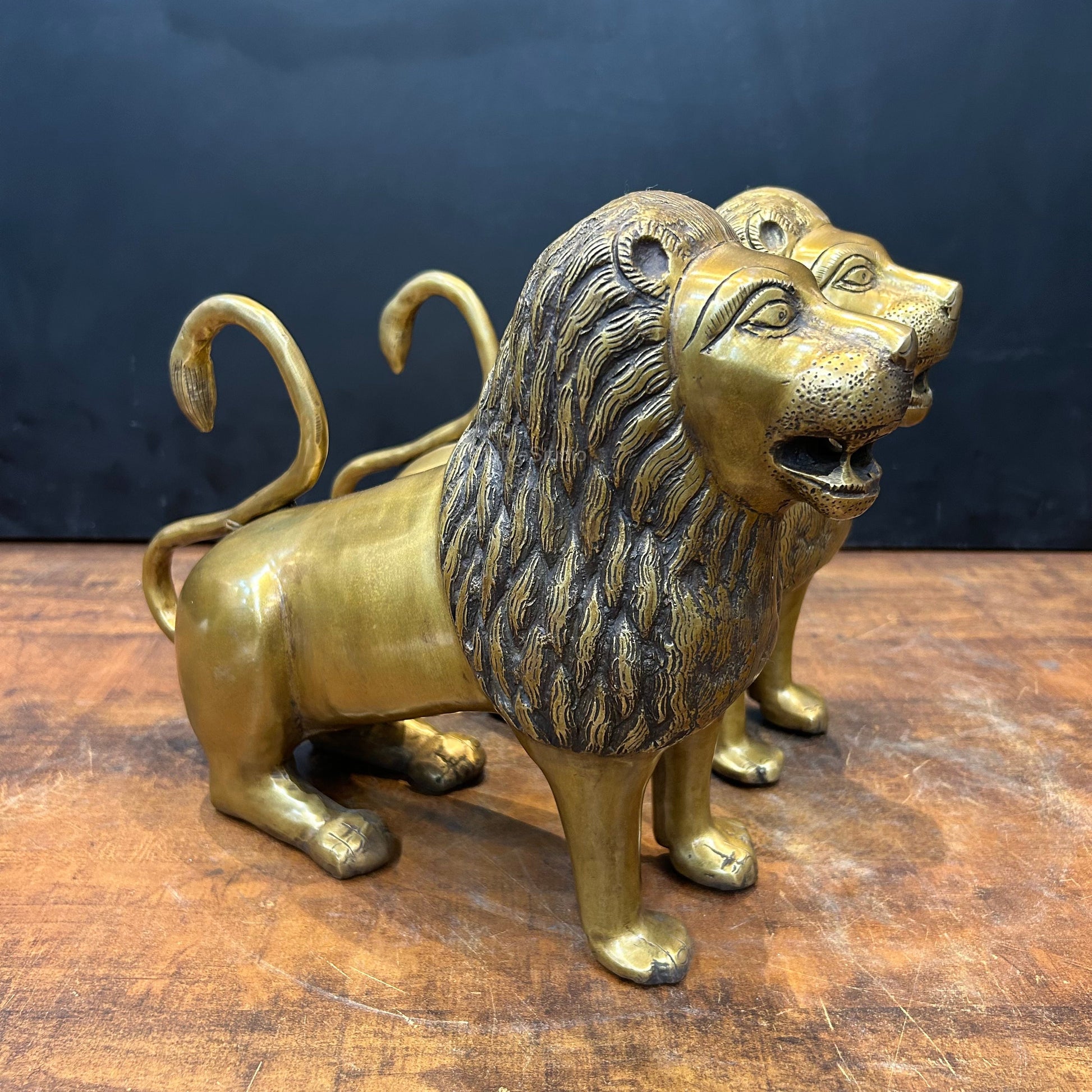 Brass Lion Pair Sculpture Antique Finish 12 Inch - Image 4