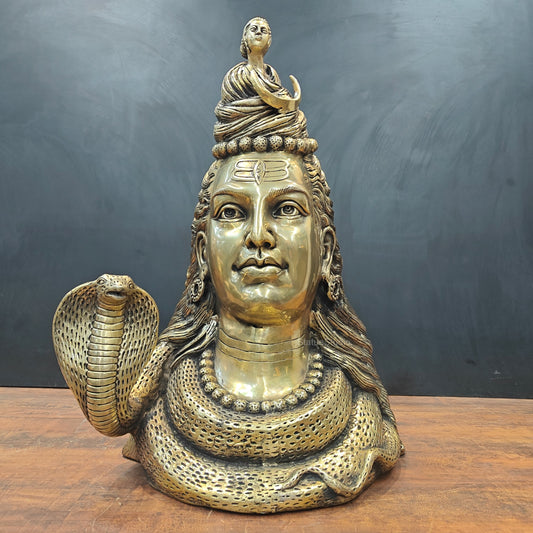 Brass Large Lord Shiva Head Bust With Moon and River Ganga 27 Inch