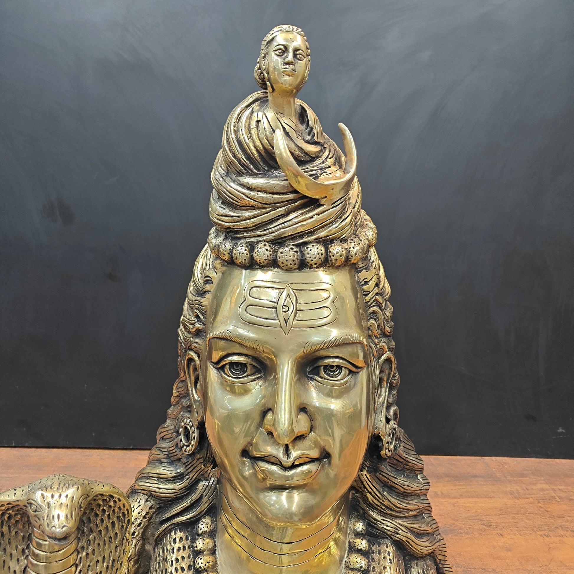 Brass Large Lord Shiva Head Bust With Moon and River Ganga 27 Inch - Image 2