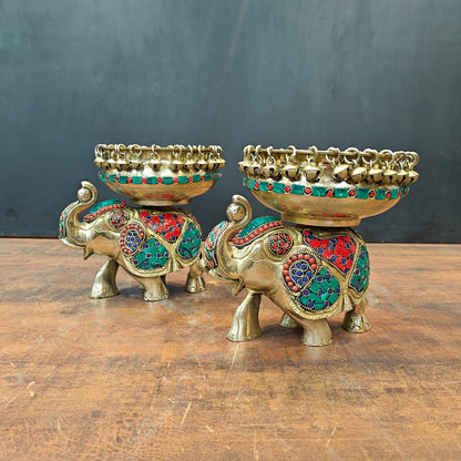 Engraved Elephant Brass Urli Pair With Ghungroo Inlay Stone Work 7 Inch by vendor-unknown - Decor (View 3)