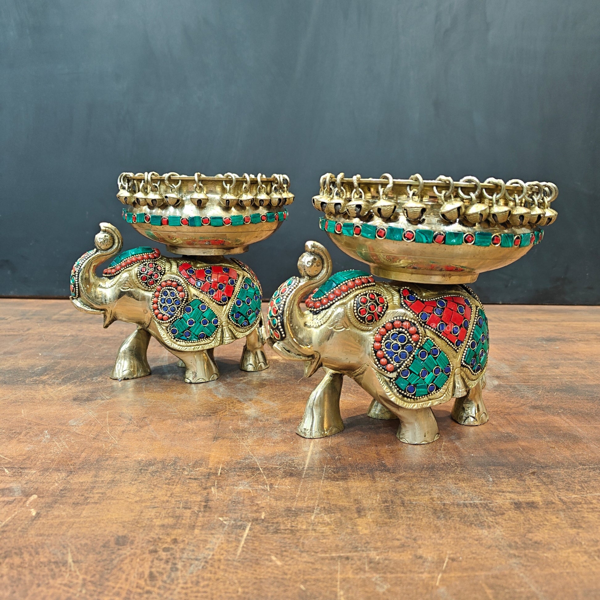 Engraved Elephant Brass Urli Pair With Ghungroo Inlay Stone Work 7 Inch - Image 4