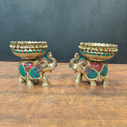 Engraved Elephant Brass Urli Pair With Ghungroo Inlay Stone Work 7 Inch by vendor-unknown - Decor (View 2)