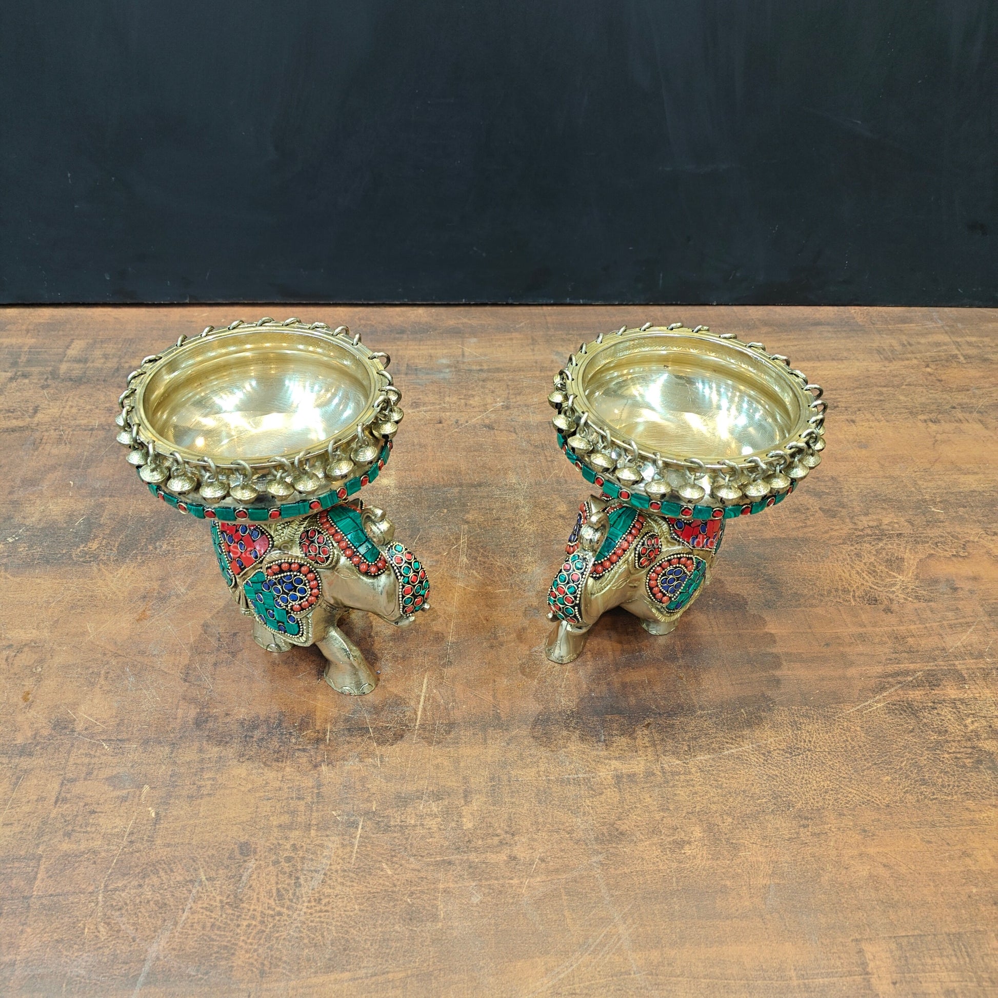 Engraved Elephant Brass Urli Pair With Ghungroo Inlay Stone Work 7 Inch - Image 5