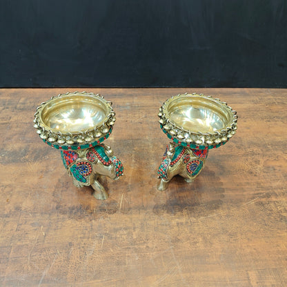 Engraved Elephant Brass Urli Pair With Ghungroo Inlay Stone Work 7 Inch by vendor-unknown - Decor (View 5)