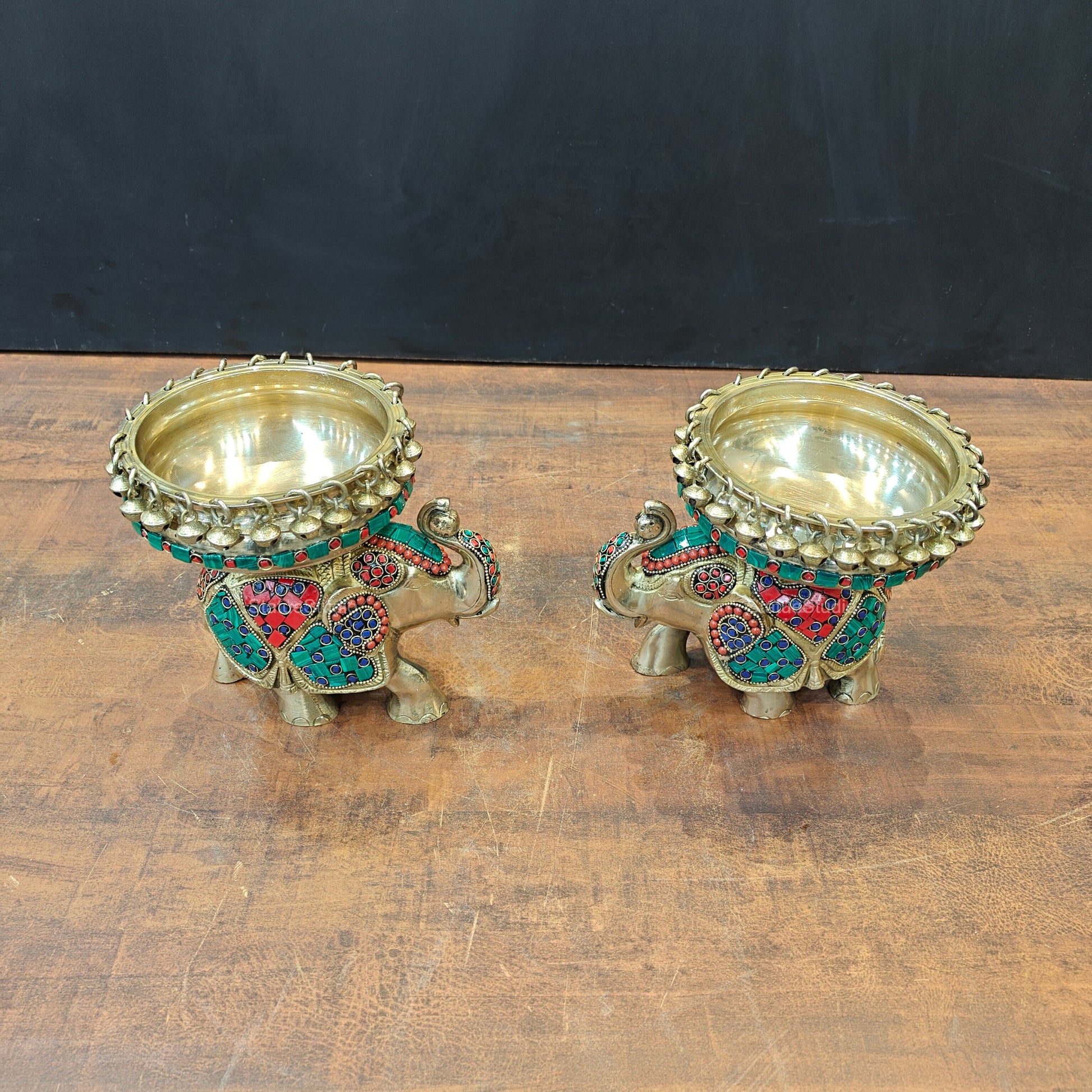 Engraved Elephant Brass Urli Pair With Ghungroo Inlay Stone Work 7 Inch - Image 6