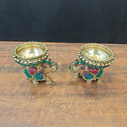 Engraved Elephant Brass Urli Pair With Ghungroo Inlay Stone Work 7 Inch by vendor-unknown - Decor (View 6)
