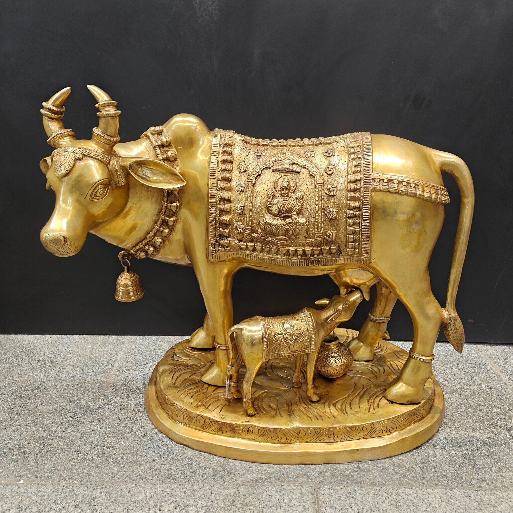 Brass Large Cow With Calf Lakshmi Ganesha Engraved 26 Inch - Image 3