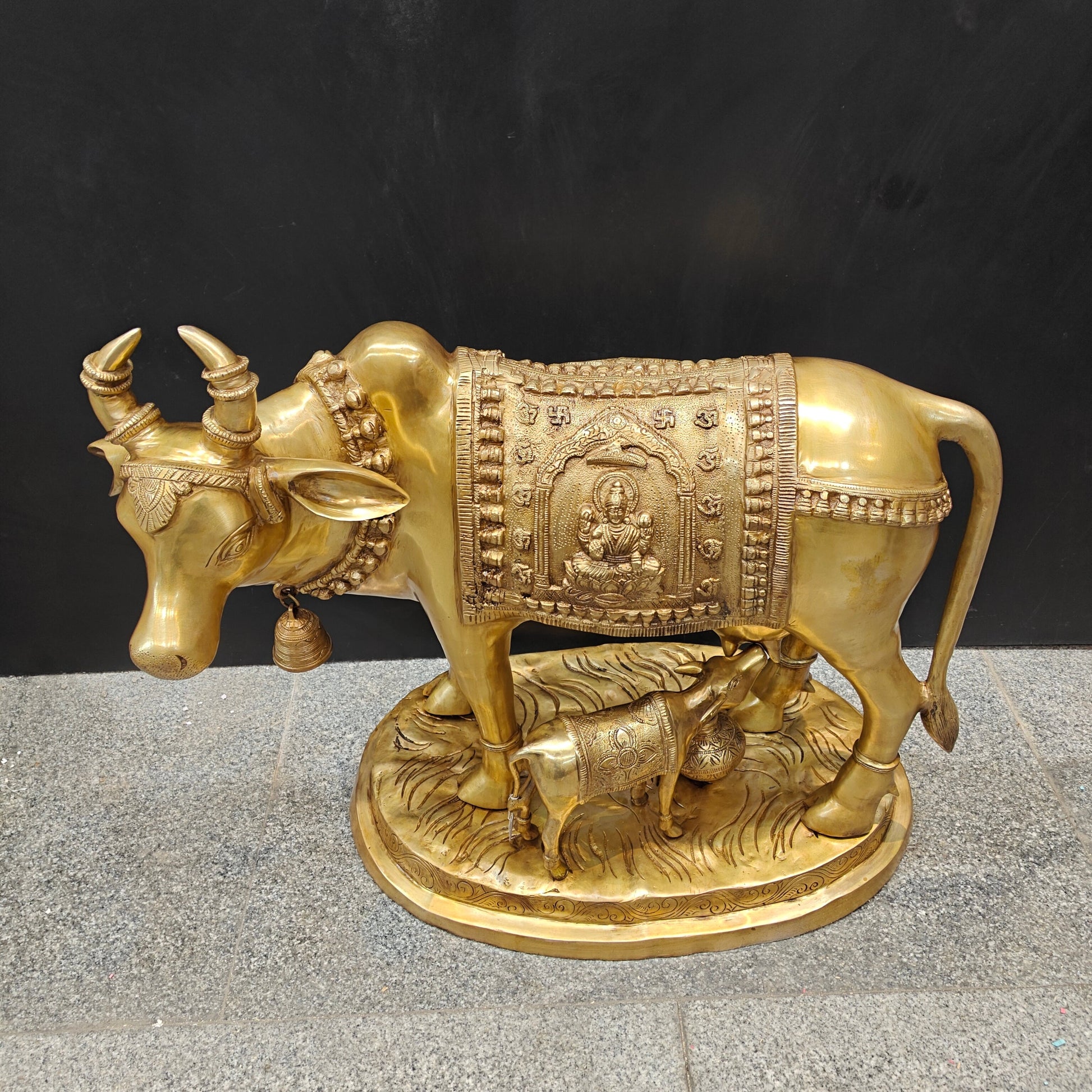 Brass Large Cow With Calf Lakshmi Ganesha Engraved 26 Inch - Image 4