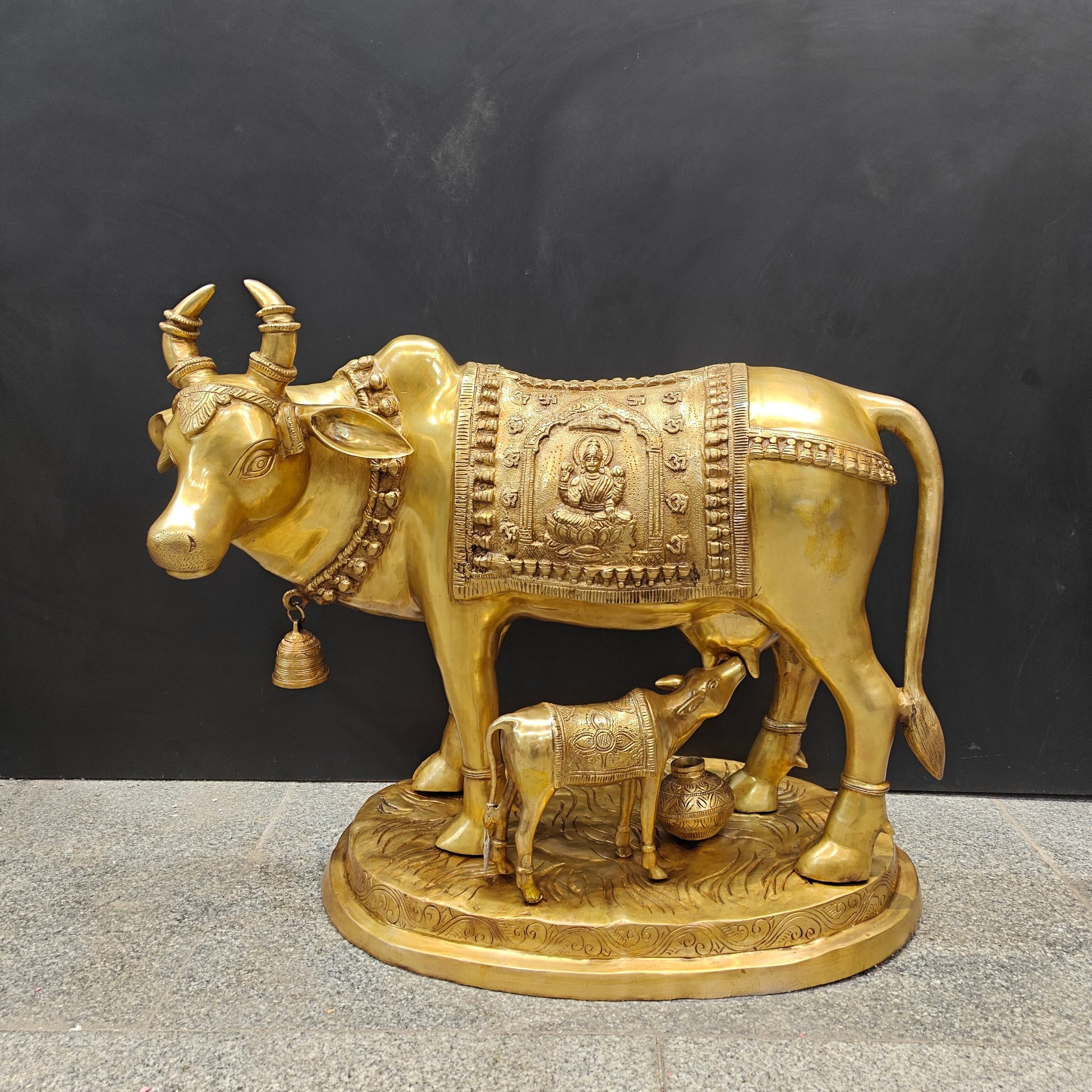 Brass Large Cow With Calf Lakshmi Ganesha Engraved 26 Inch - Image 5