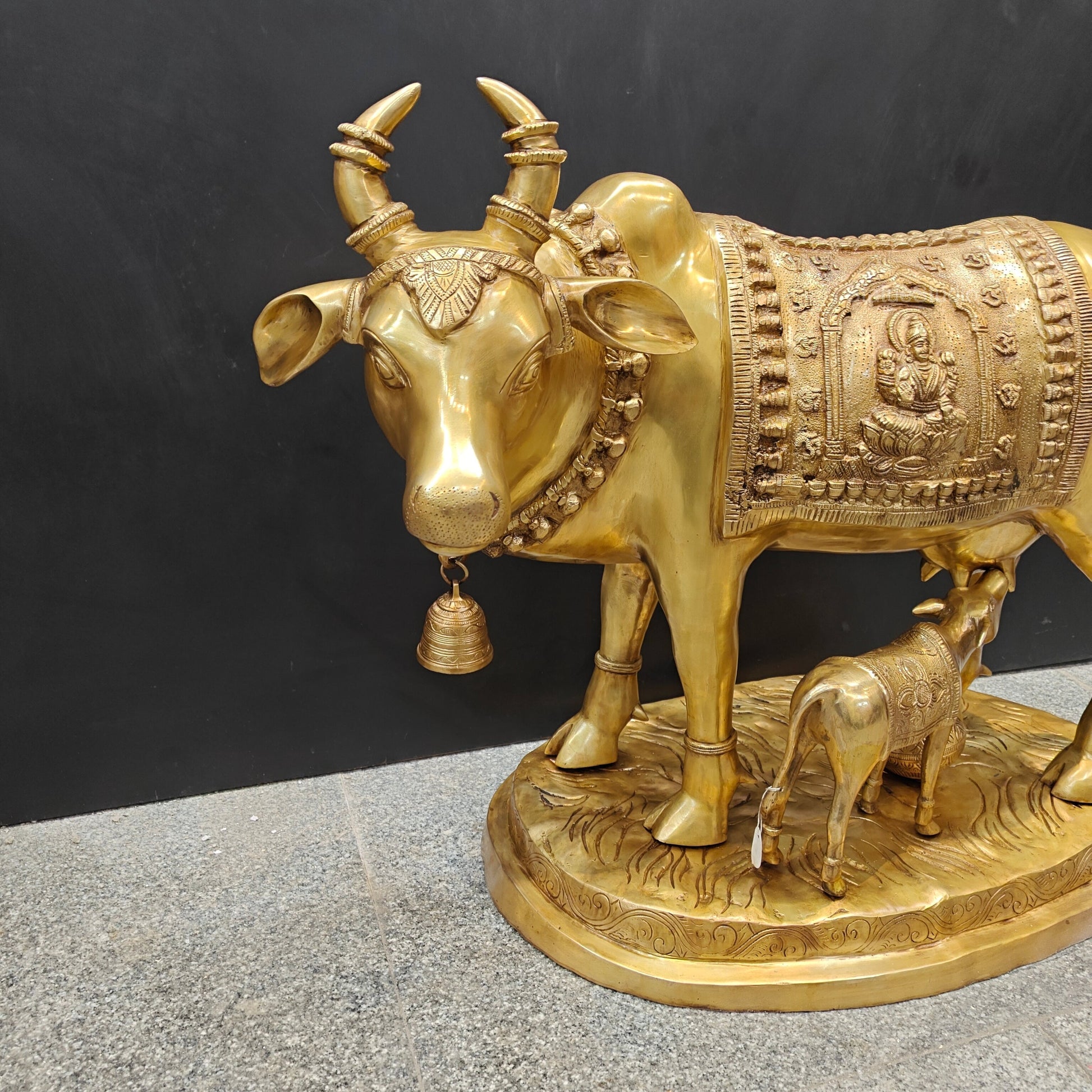 Brass Large Cow With Calf Lakshmi Ganesha Engraved 26 Inch - Image 6