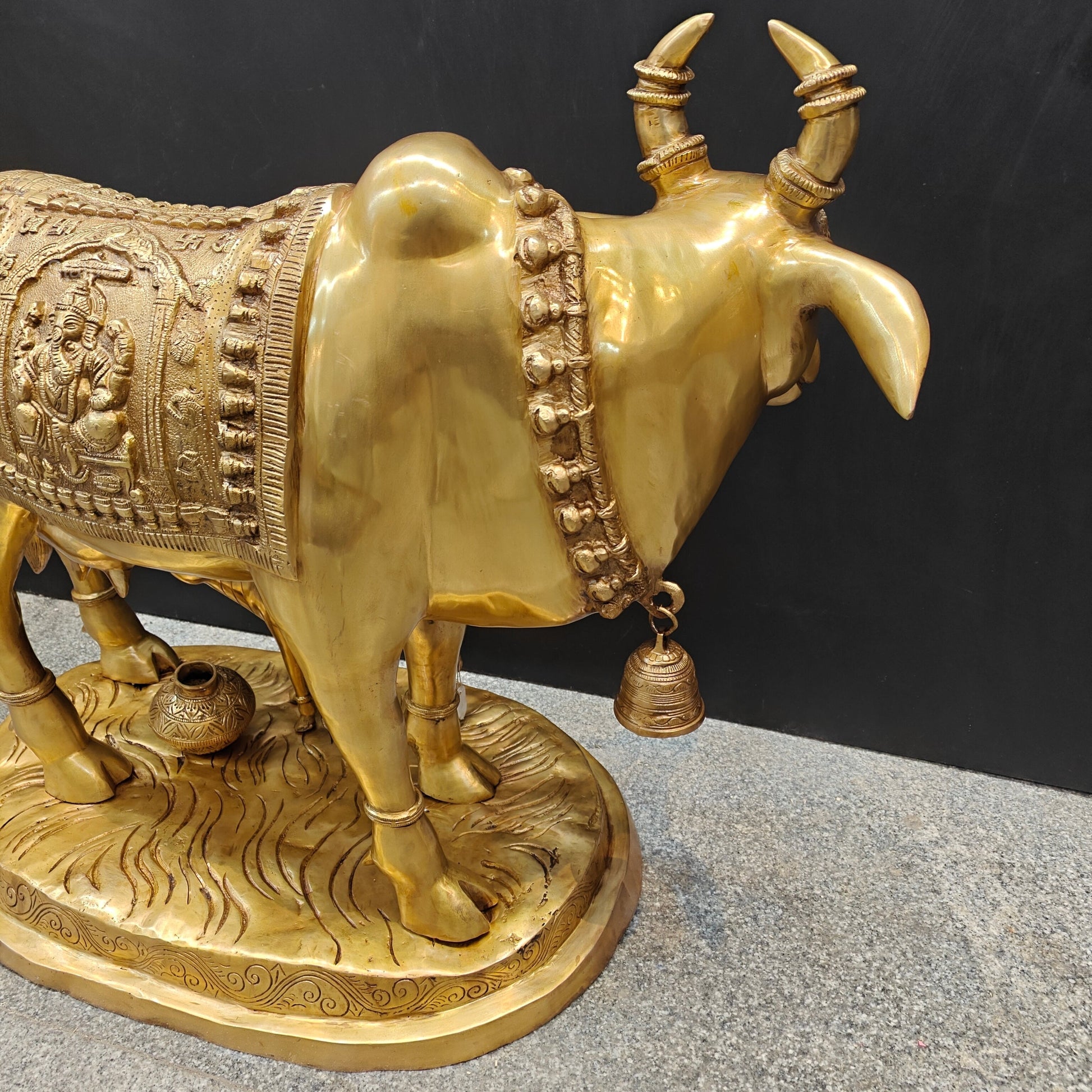 Brass Large Cow With Calf Lakshmi Ganesha Engraved 26 Inch - Image 9