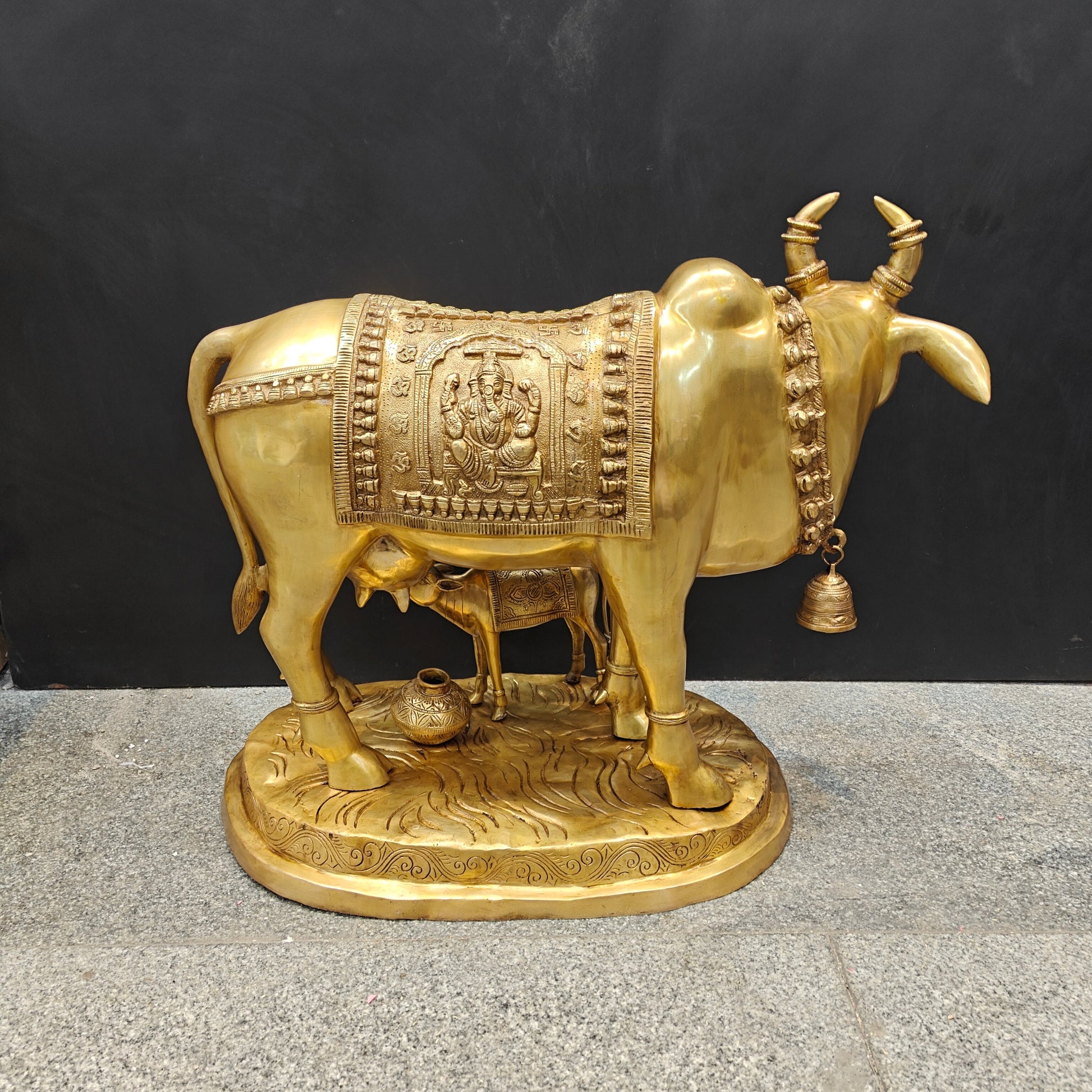 Brass Large Cow With Calf Lakshmi Ganesha Engraved 26 Inch - Image 10