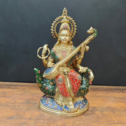 Brass Large Saraswati Idol On Swan Playing Veena Stone Work 28 Inch by vendor-unknown - Hindu Gods (View 3)