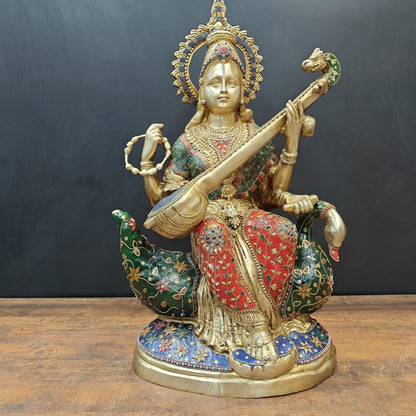 Brass Large Saraswati Idol On Swan Playing Veena Stone Work 28 Inch by vendor-unknown - Hindu Gods (View 4)