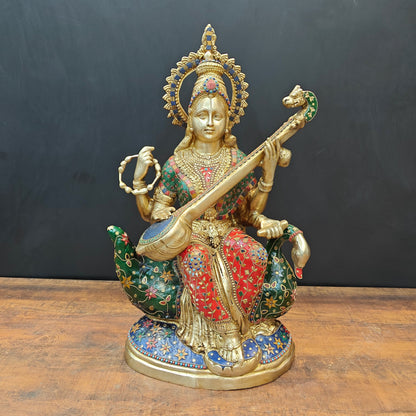 Brass Large Saraswati Idol On Swan Playing Veena Stone Work 28 Inch by vendor-unknown - Hindu Gods (View 5)