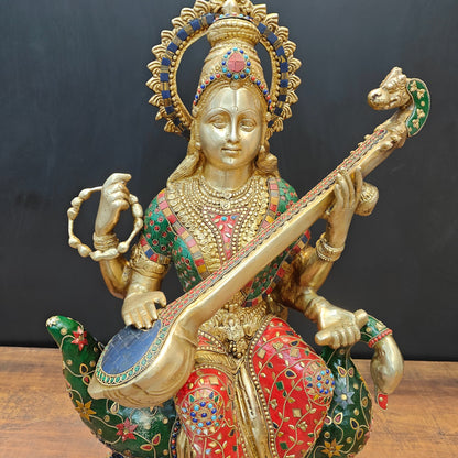 Brass Large Saraswati Idol On Swan Playing Veena Stone Work 28 Inch by vendor-unknown - Hindu Gods (View 2)