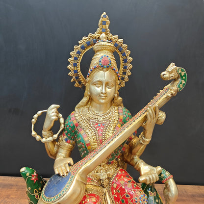 Brass Large Saraswati Idol On Swan Playing Veena Stone Work 28 Inch by vendor-unknown - Hindu Gods (View 6)