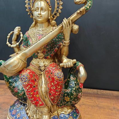 Brass Large Saraswati Idol On Swan Playing Veena Stone Work 28 Inch by vendor-unknown - Hindu Gods (View 7)