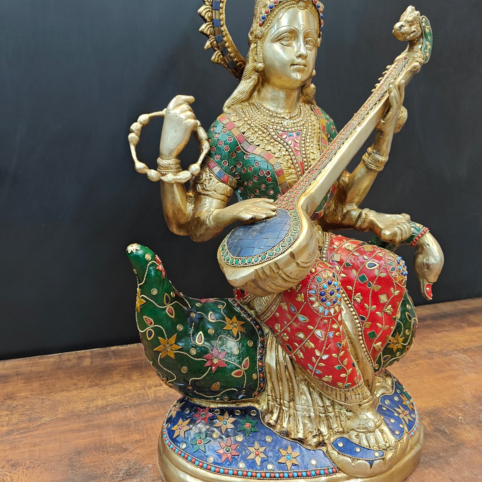 Brass Large Saraswati Idol On Swan Playing Veena Stone Work 28 Inch - Image 8