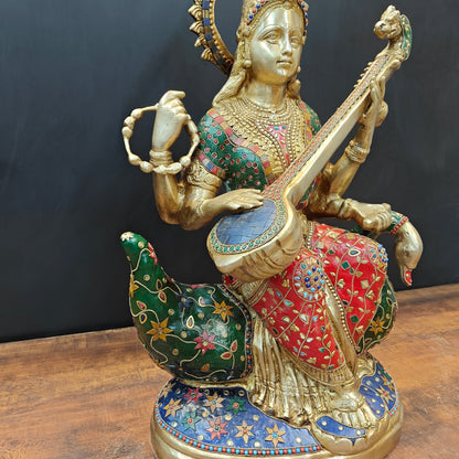 Brass Large Saraswati Idol On Swan Playing Veena Stone Work 28 Inch by vendor-unknown - Hindu Gods (View 8)