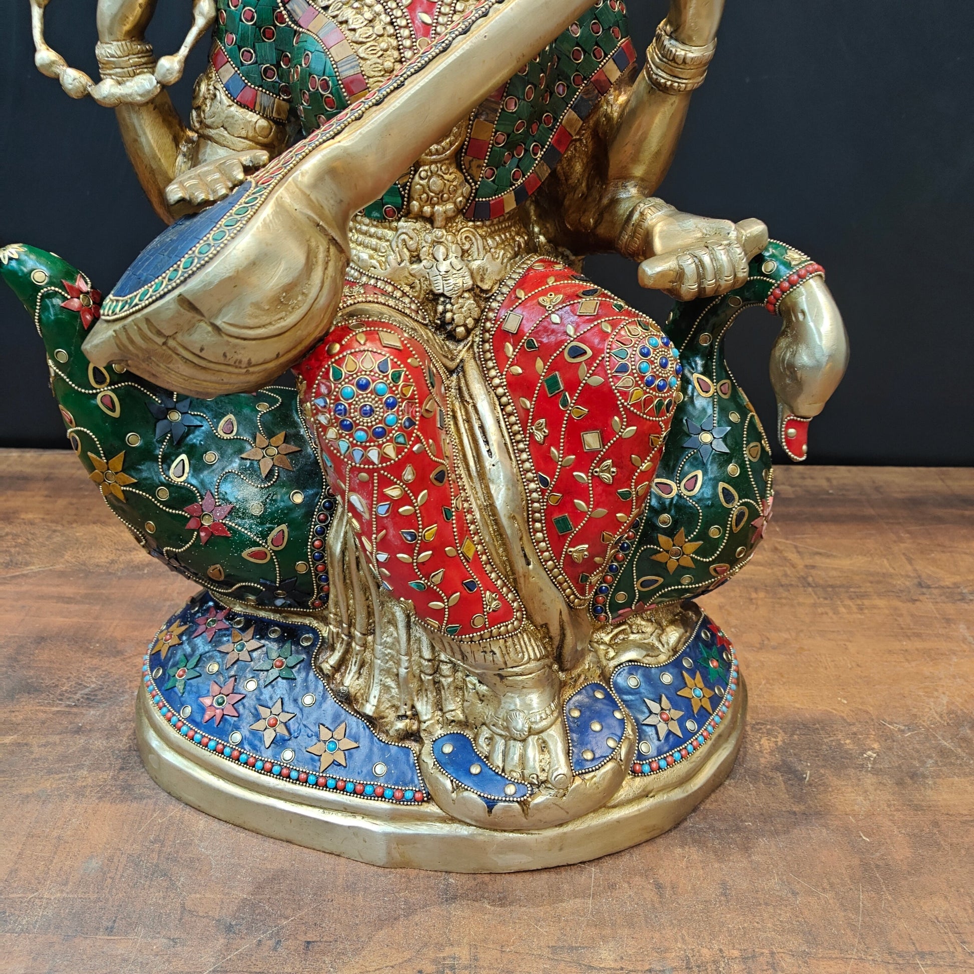 Brass Large Saraswati Idol On Swan Playing Veena Stone Work 28 Inch - Image 9