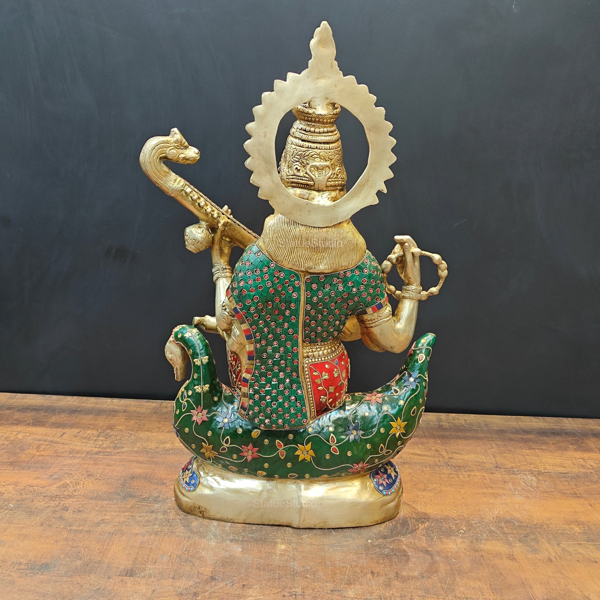 Brass Large Saraswati Idol On Swan Playing Veena Stone Work 28 Inch - Image 10