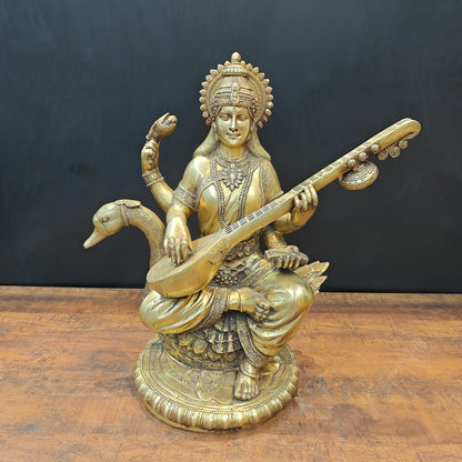 Brass Large Saraswati Statue On Swan Playing Veena 2 Feet by vendor-unknown - Hindu Gods (View 3)