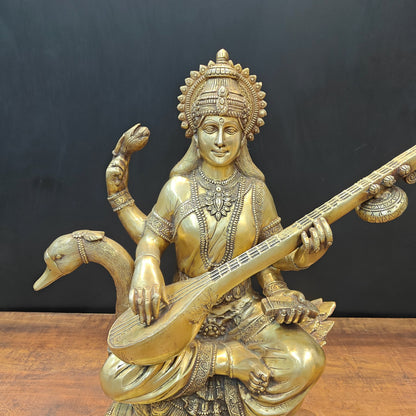 Brass Large Saraswati Statue On Swan Playing Veena 2 Feet by vendor-unknown - Hindu Gods (View 2)