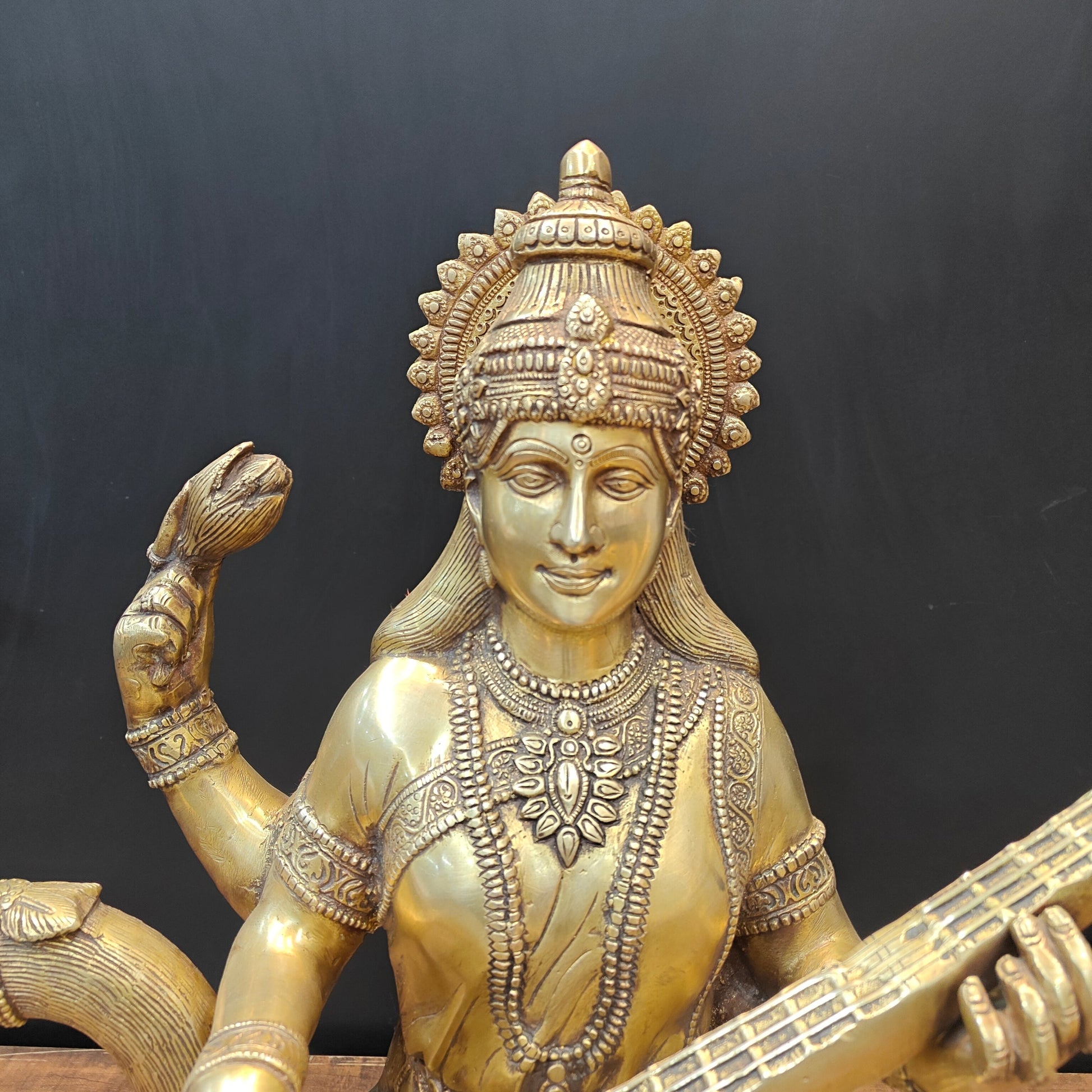 Brass Large Saraswati Statue On Swan Playing Veena 2 Feet - Image 4